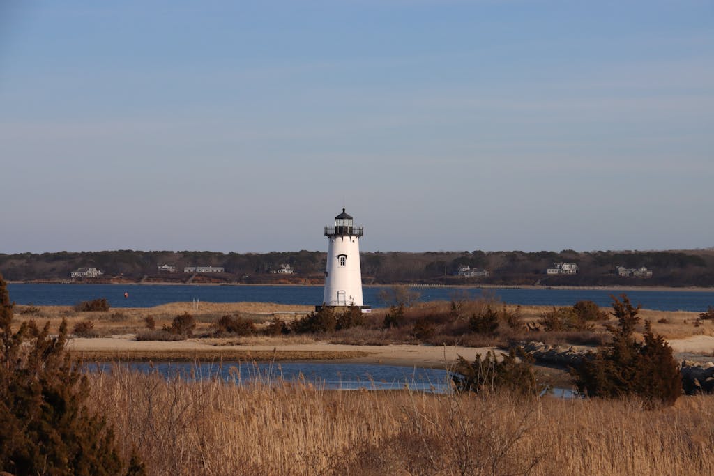 Scenic view of Edgartown Lighthouse on a peaceful autumn day by the shores of Martha's Vineyard.