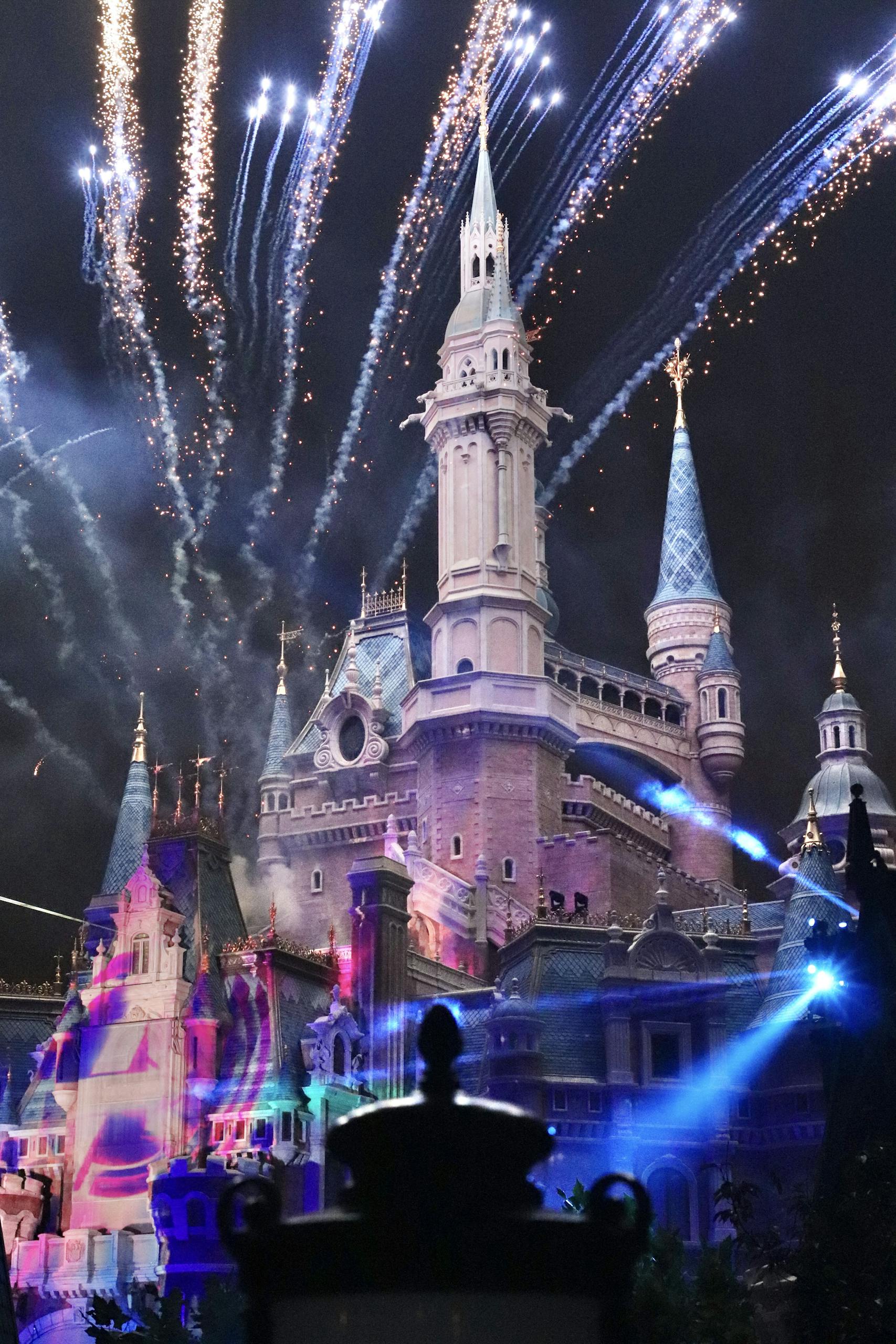 Majestic illuminated castle with fireworks exploding against the night sky in a theme park setting.